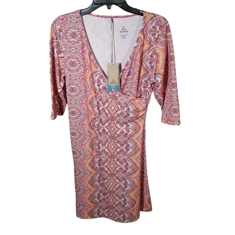 Prana Women's Nadia Long Sleeve Wrap Dress Fuschia 3/4 Sleeve Veeda Paisley L